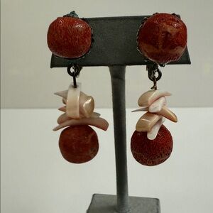 Vintage Signed Miriam Haskell Faux Coral & Shell Dangle Clip Silvertone